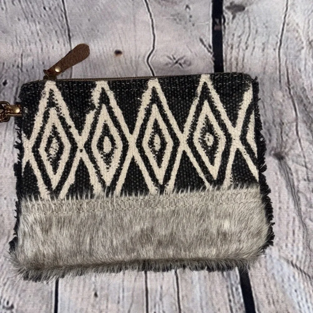 Myra Bag Up Cycled Canvas And Cowhide Leather Wristlet Pouch Bag Clutch